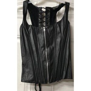 RARE ALLURE 100% Leather Black Overbust Corset Vest Size M Zip Front, Back Laces